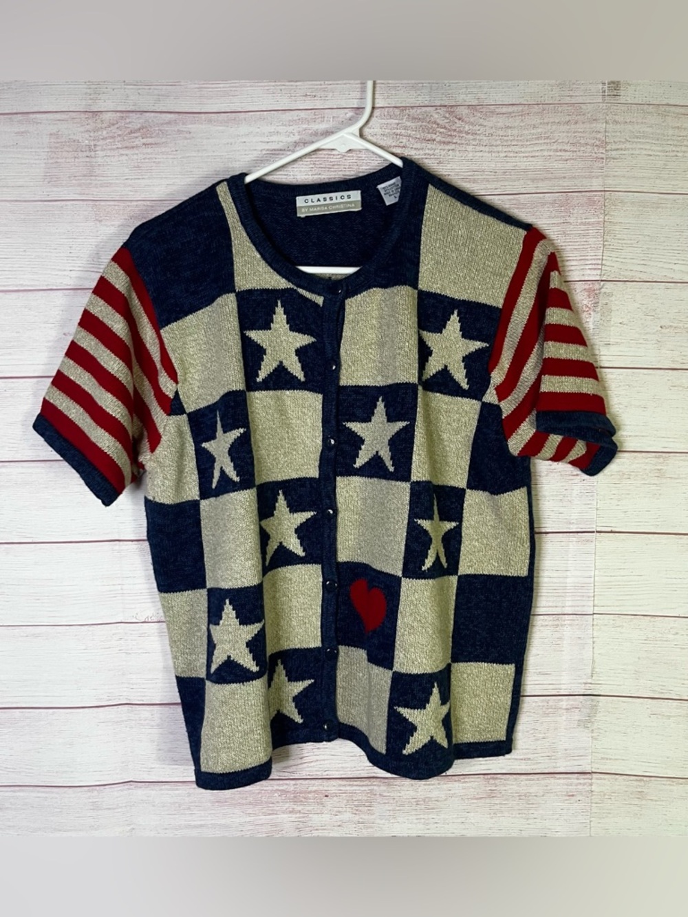 Classics by MARISA CHRISTINA‎ American Flag Straps Stars Cardigan Sweater Large